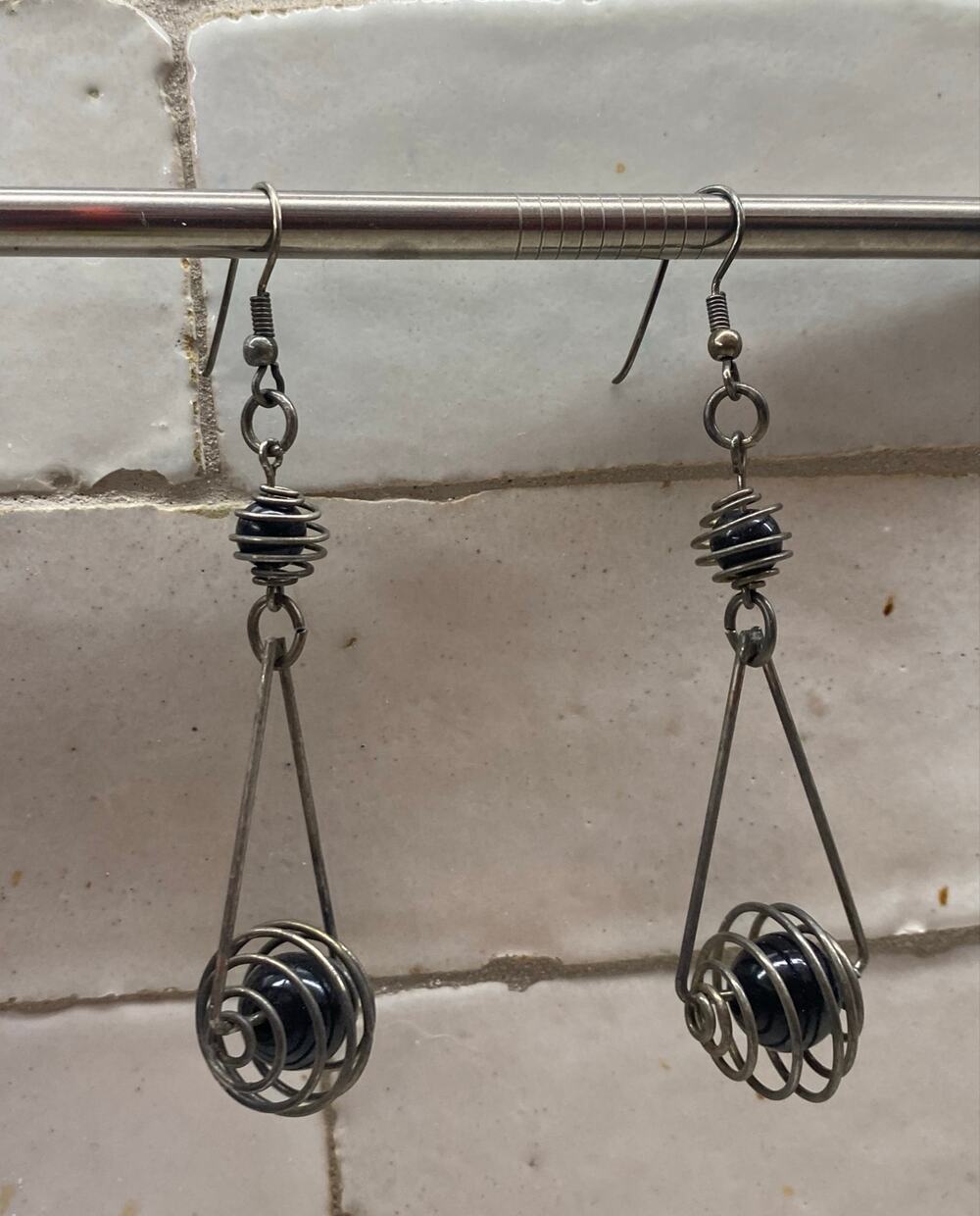 Vintage 1980s Handmade Wire-Wrapped Cage Dangle Earrings — Silver-Tone